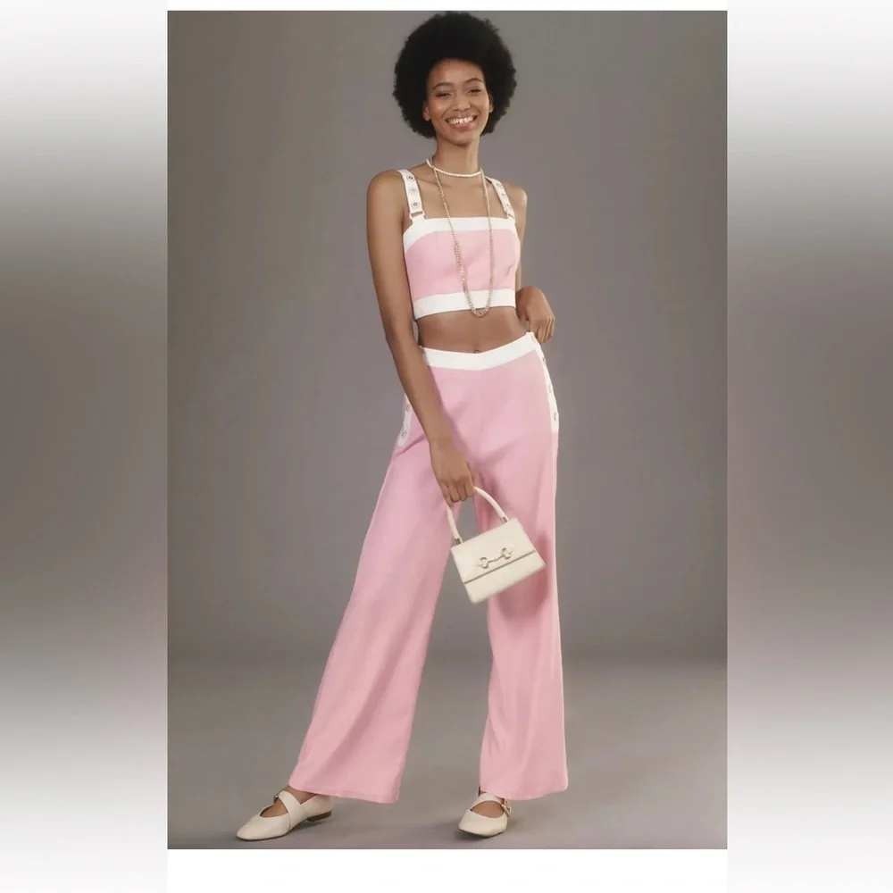 015 Maeve Anthropologie Pink/White Linen Blend Crop Top Pant Set(Size 14 L, EUC)